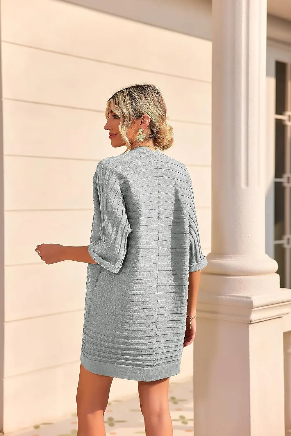 HOTOUCH Women's Open Front Cardigan 3/4 Sleeve Ribbed Knit Cardigans Lightweight Casual Cardigan