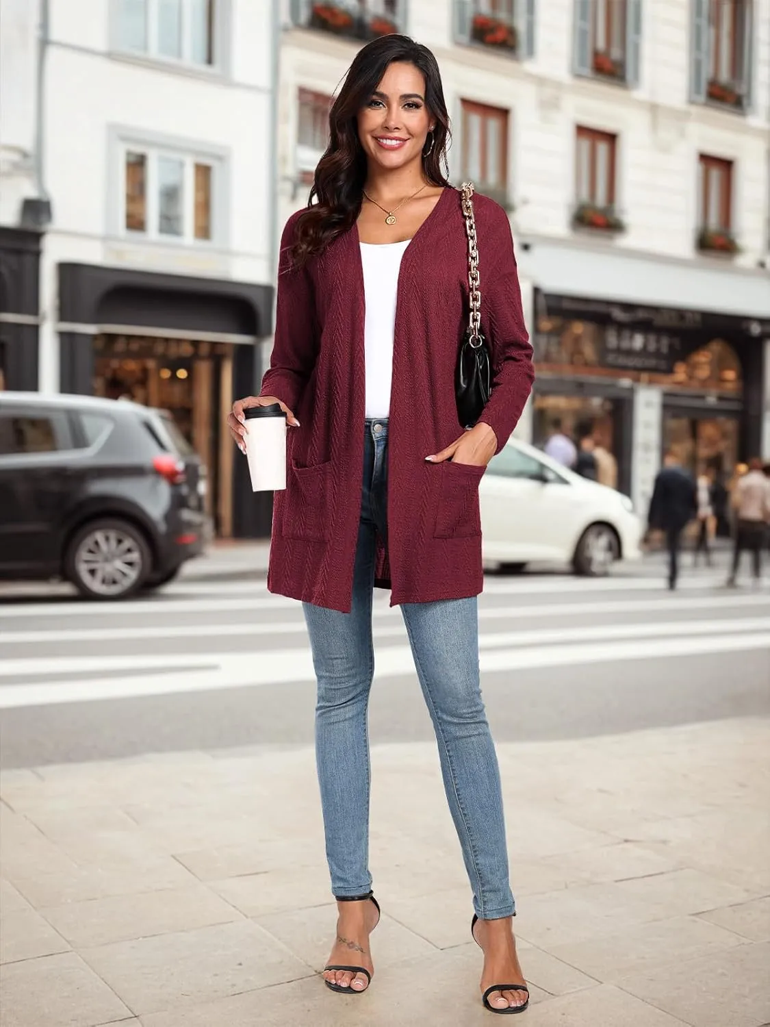 HWOKEFEIYU Women's Lightweight Cardigans Casual Open Front Cable Knit Cardigans Solid Color Outwear Coats with Pockets