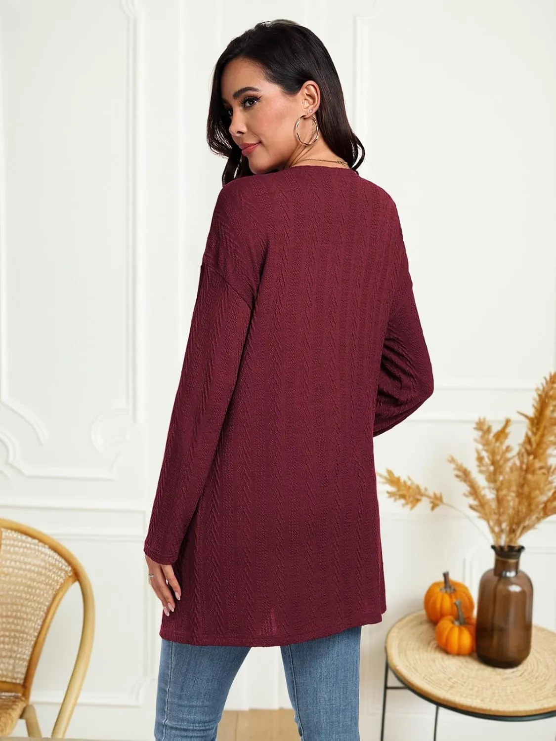 HWOKEFEIYU Women's Lightweight Cardigans Casual Open Front Cable Knit Cardigans Solid Color Outwear Coats with Pockets