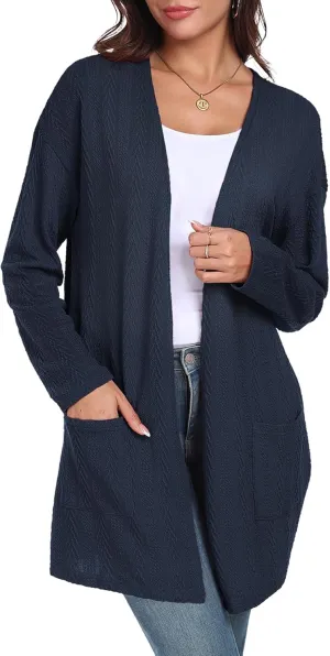 HWOKEFEIYU Women's Lightweight Cardigans Casual Open Front Cable Knit Cardigans Solid Color Outwear Coats with Pockets