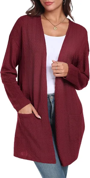 HWOKEFEIYU Women's Lightweight Cardigans Casual Open Front Cable Knit Cardigans Solid Color Outwear Coats with Pockets