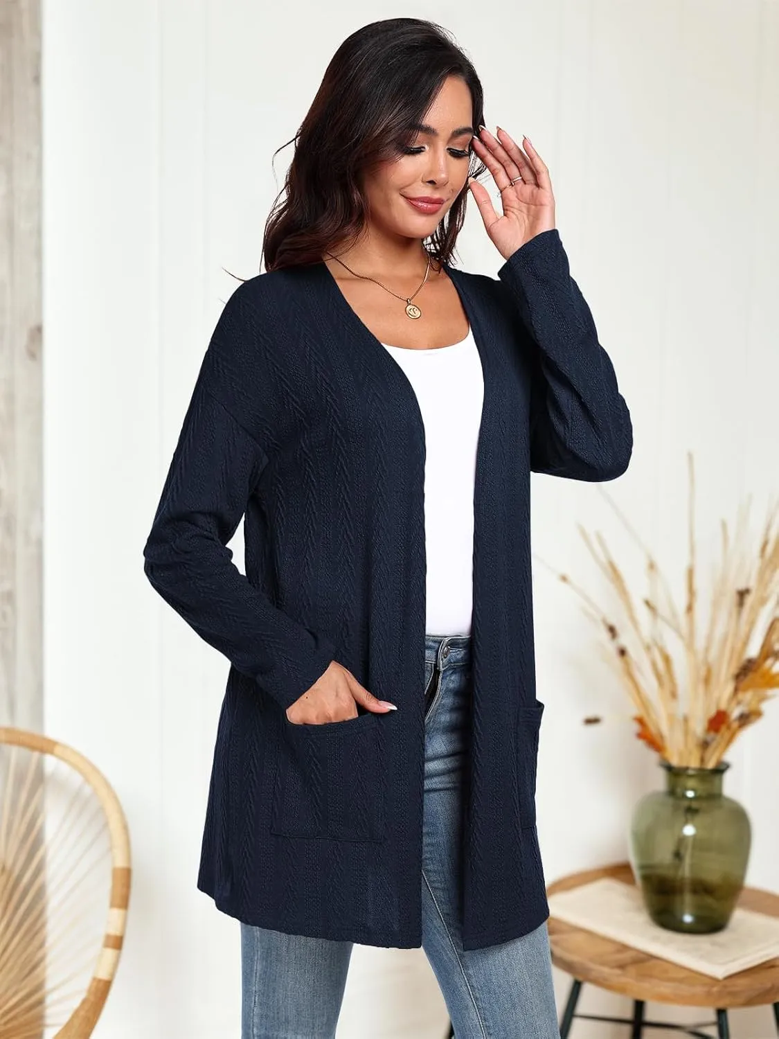 HWOKEFEIYU Women's Lightweight Cardigans Casual Open Front Cable Knit Cardigans Solid Color Outwear Coats with Pockets