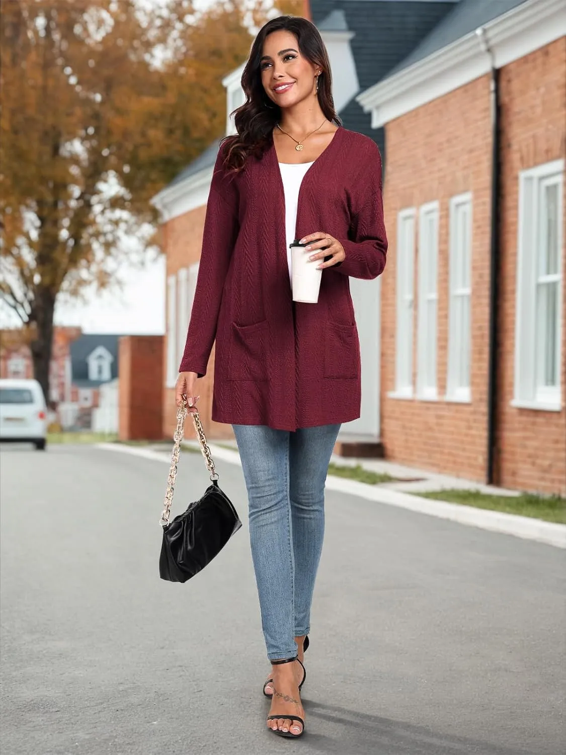 HWOKEFEIYU Women's Lightweight Cardigans Casual Open Front Cable Knit Cardigans Solid Color Outwear Coats with Pockets