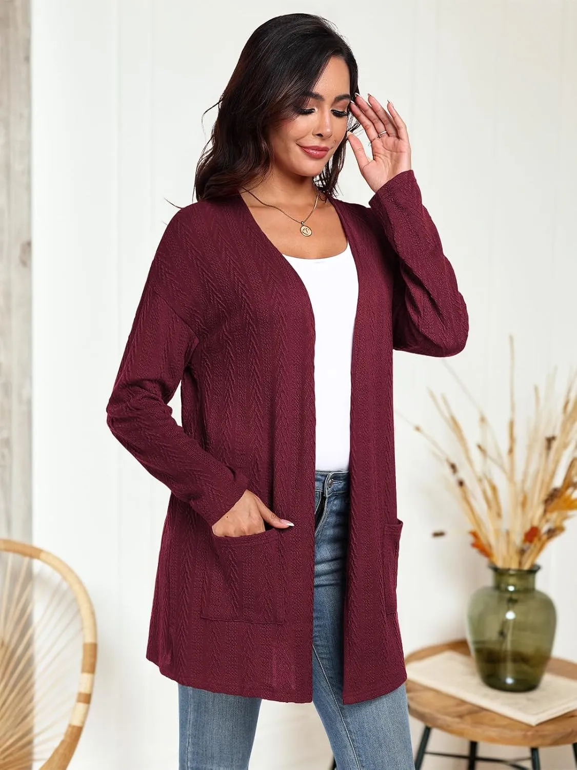 HWOKEFEIYU Women's Lightweight Cardigans Casual Open Front Cable Knit Cardigans Solid Color Outwear Coats with Pockets
