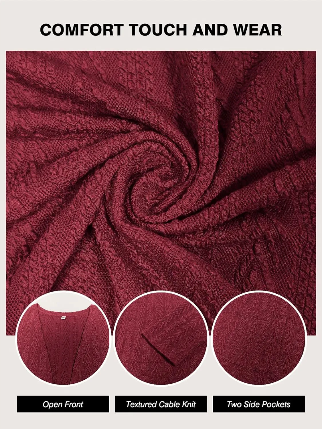 HWOKEFEIYU Women's Lightweight Cardigans Casual Open Front Cable Knit Cardigans Solid Color Outwear Coats with Pockets