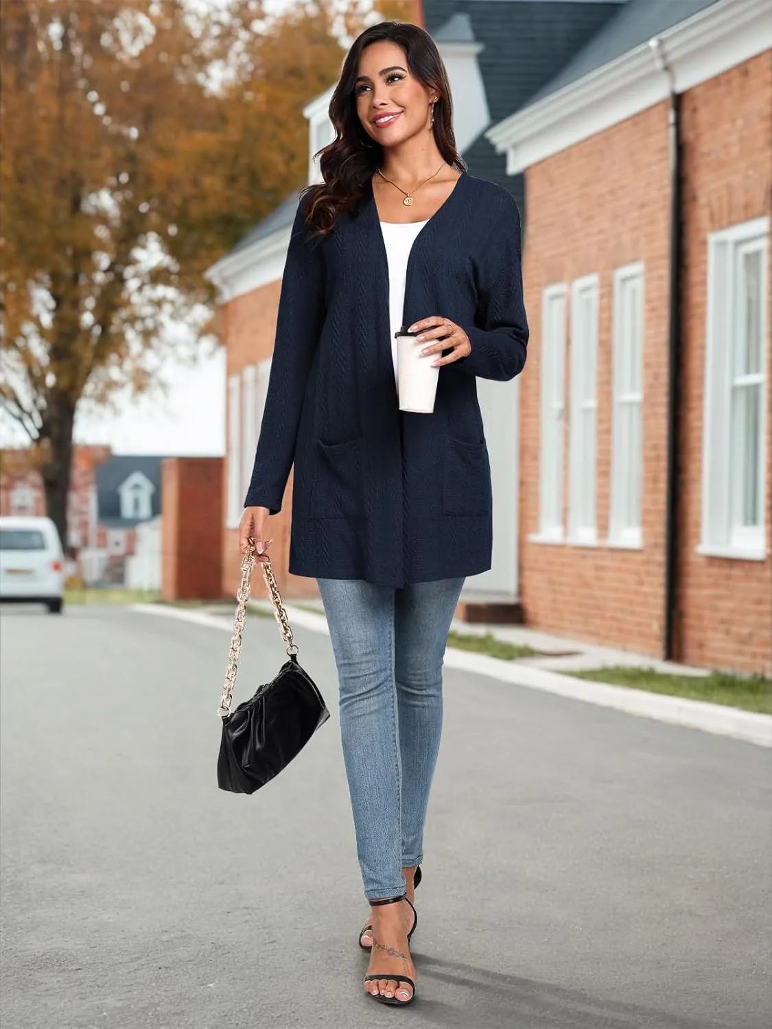 HWOKEFEIYU Women's Lightweight Cardigans Casual Open Front Cable Knit Cardigans Solid Color Outwear Coats with Pockets