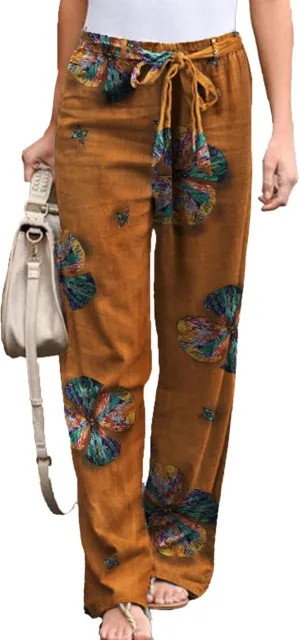 IVERIRMIN Women's Cotton Linen Straight Leg Lounge Pants Casual Floral Elastic Mid Waist Trousers Relaxed Pants with A Belt