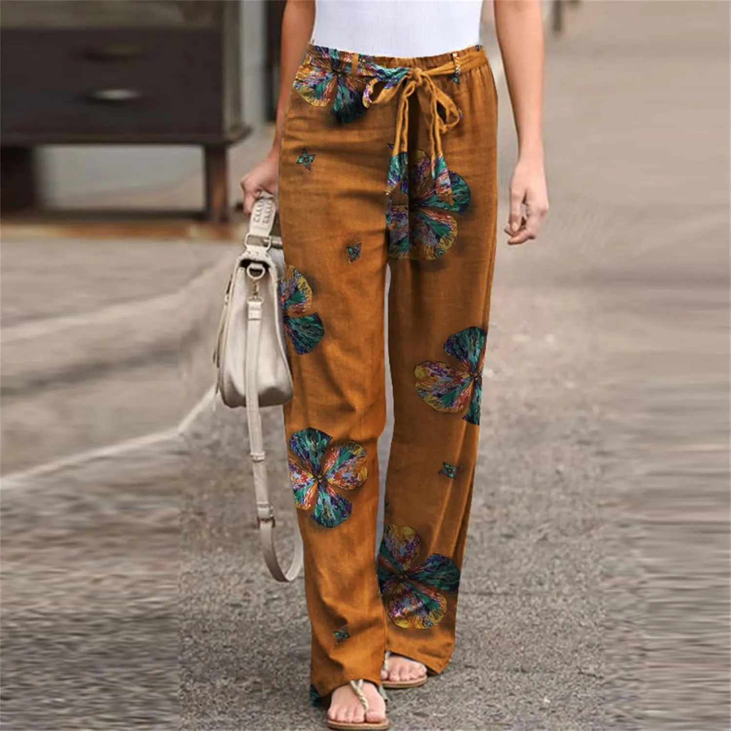 IVERIRMIN Women's Cotton Linen Straight Leg Lounge Pants Casual Floral Elastic Mid Waist Trousers Relaxed Pants with A Belt