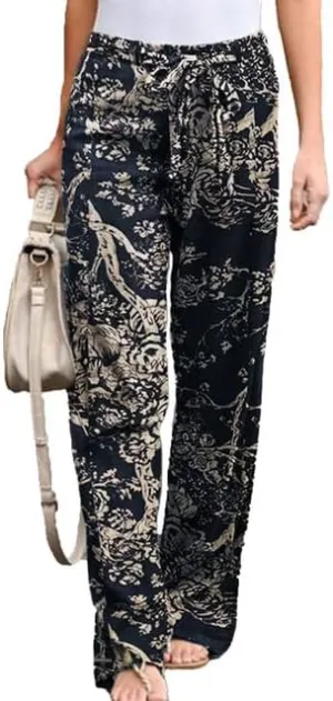 IVERIRMIN Women's Cotton Linen Straight Leg Lounge Pants Casual Floral Elastic Mid Waist Trousers Relaxed Pants with A Belt