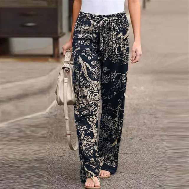 IVERIRMIN Women's Cotton Linen Straight Leg Lounge Pants Casual Floral Elastic Mid Waist Trousers Relaxed Pants with A Belt