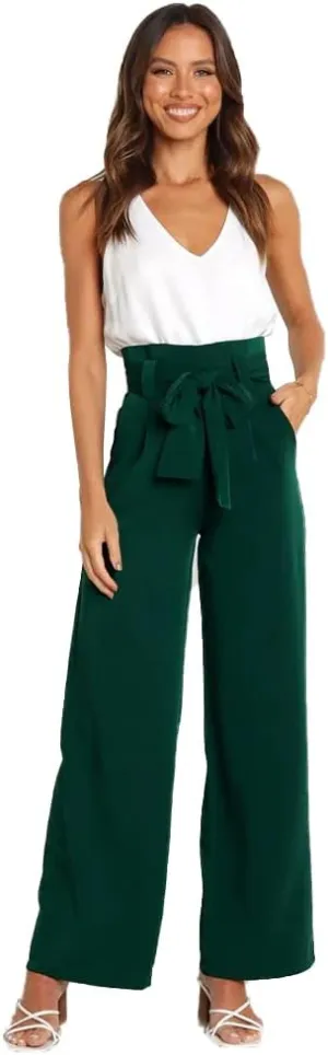 IWEMEK Women's Casual High Waist Belted Wide Leg Pants with Pocket Bow-Knot Self Tie Work Pants Long Palazzo Pants Trousers