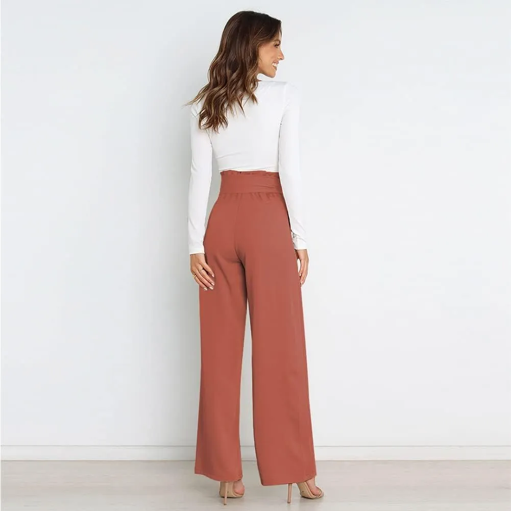 IWEMEK Women's Casual High Waist Belted Wide Leg Pants with Pocket Bow-Knot Self Tie Work Pants Long Palazzo Pants Trousers
