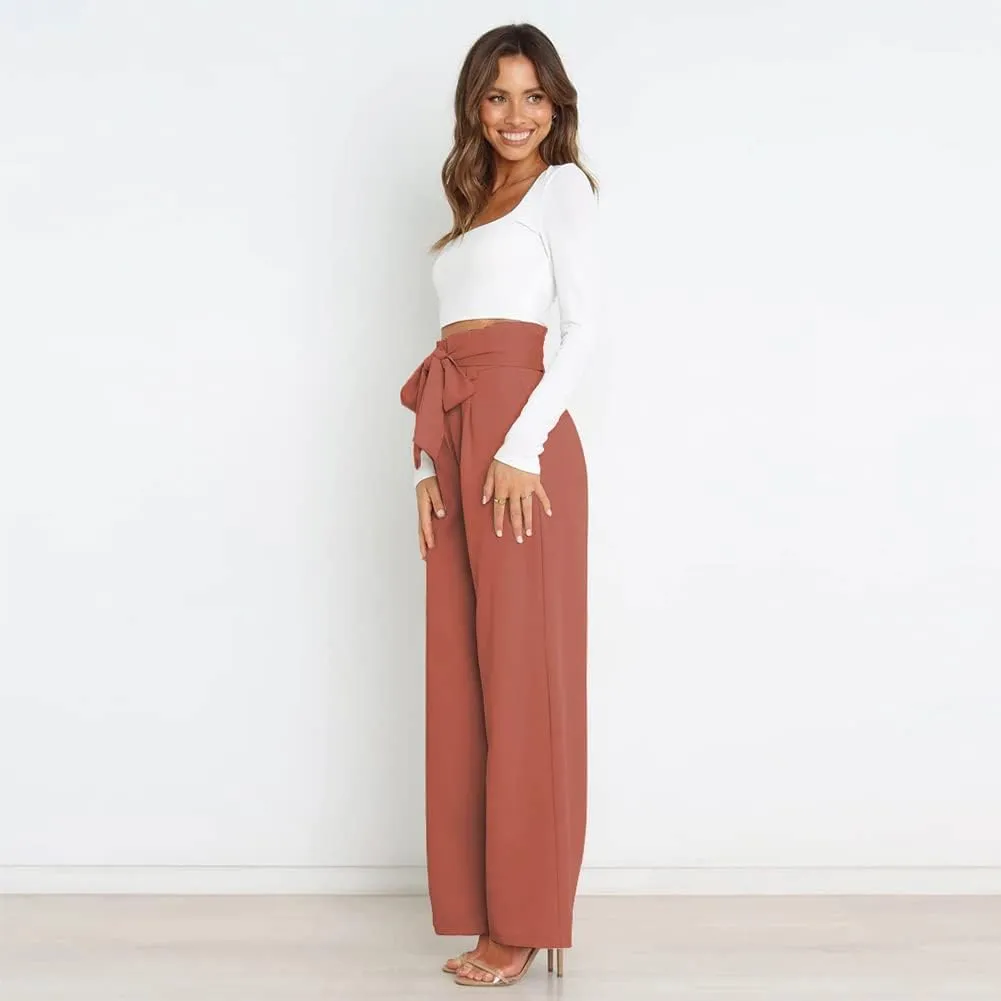 IWEMEK Women's Casual High Waist Belted Wide Leg Pants with Pocket Bow-Knot Self Tie Work Pants Long Palazzo Pants Trousers