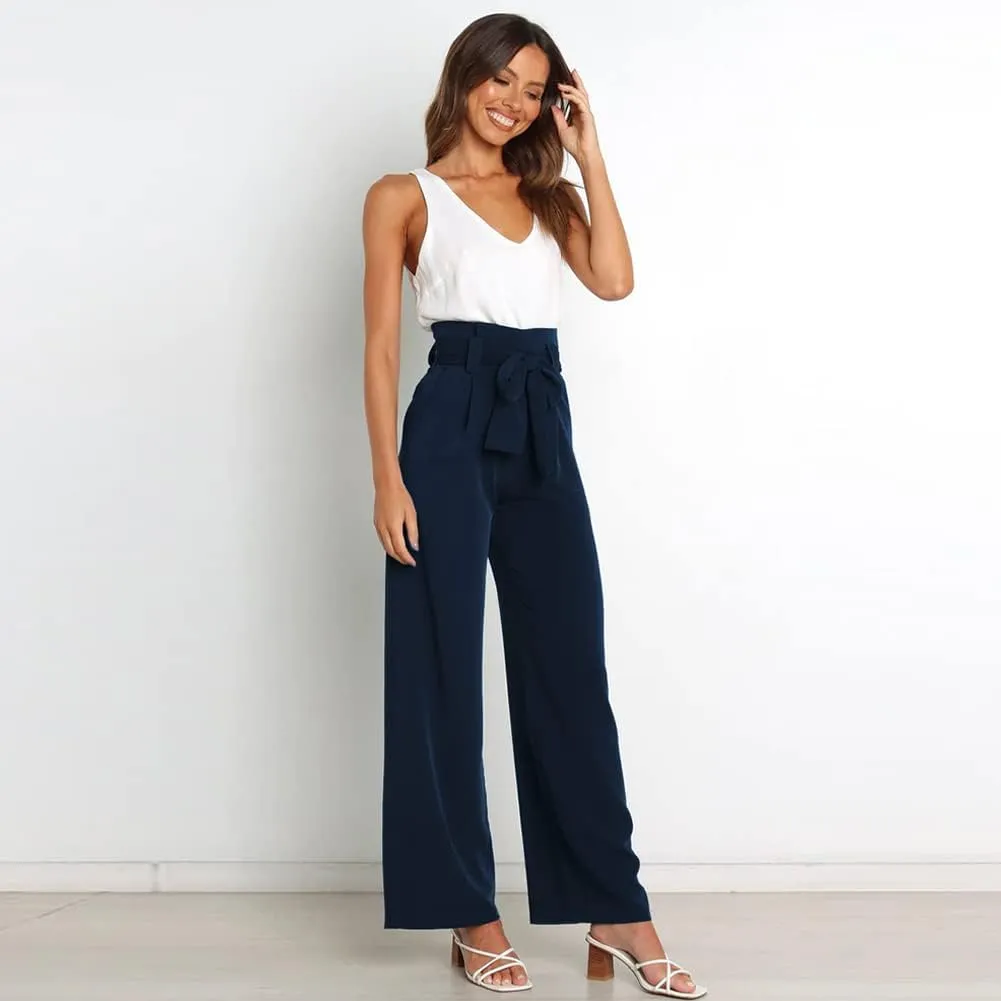 IWEMEK Women's Casual High Waist Belted Wide Leg Pants with Pocket Bow-Knot Self Tie Work Pants Long Palazzo Pants Trousers