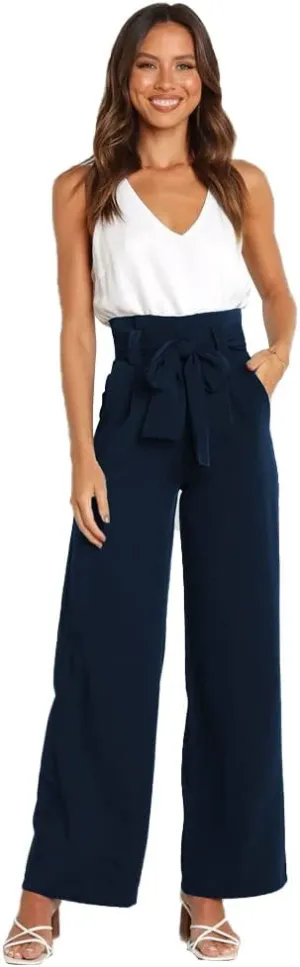 IWEMEK Women's Casual High Waist Belted Wide Leg Pants with Pocket Bow-Knot Self Tie Work Pants Long Palazzo Pants Trousers