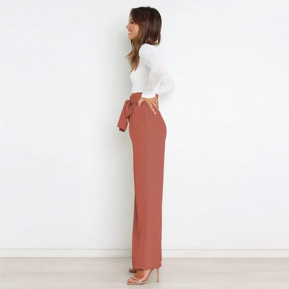 IWEMEK Women's Casual High Waist Belted Wide Leg Pants with Pocket Bow-Knot Self Tie Work Pants Long Palazzo Pants Trousers