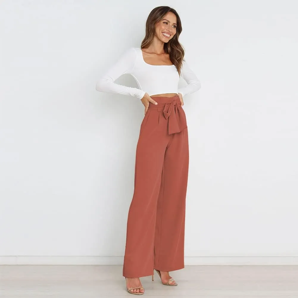IWEMEK Women's Casual High Waist Belted Wide Leg Pants with Pocket Bow-Knot Self Tie Work Pants Long Palazzo Pants Trousers
