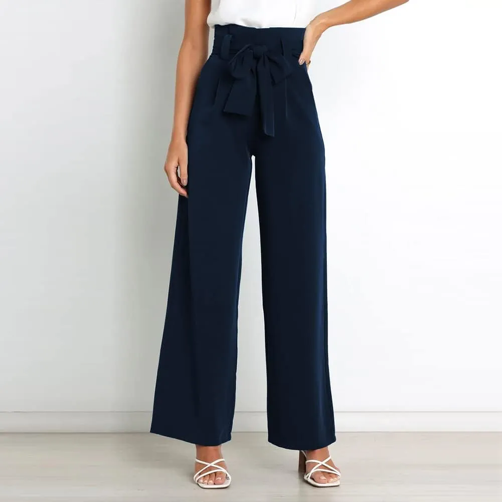 IWEMEK Women's Casual High Waist Belted Wide Leg Pants with Pocket Bow-Knot Self Tie Work Pants Long Palazzo Pants Trousers