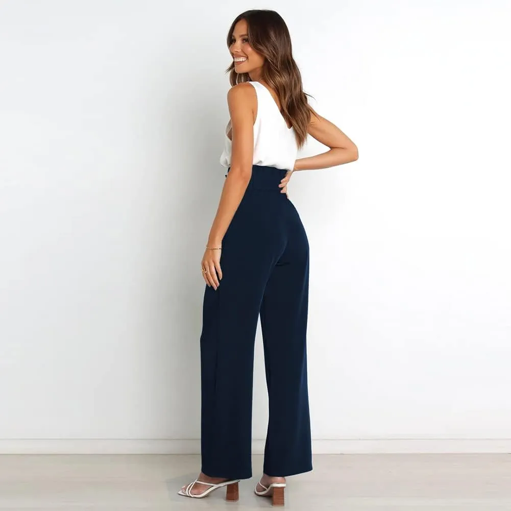 IWEMEK Women's Casual High Waist Belted Wide Leg Pants with Pocket Bow-Knot Self Tie Work Pants Long Palazzo Pants Trousers