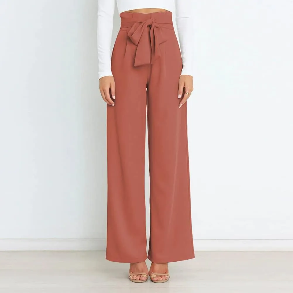 IWEMEK Women's Casual High Waist Belted Wide Leg Pants with Pocket Bow-Knot Self Tie Work Pants Long Palazzo Pants Trousers