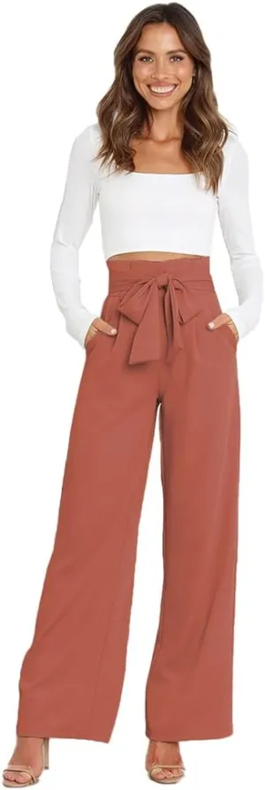 IWEMEK Women's Casual High Waist Belted Wide Leg Pants with Pocket Bow-Knot Self Tie Work Pants Long Palazzo Pants Trousers