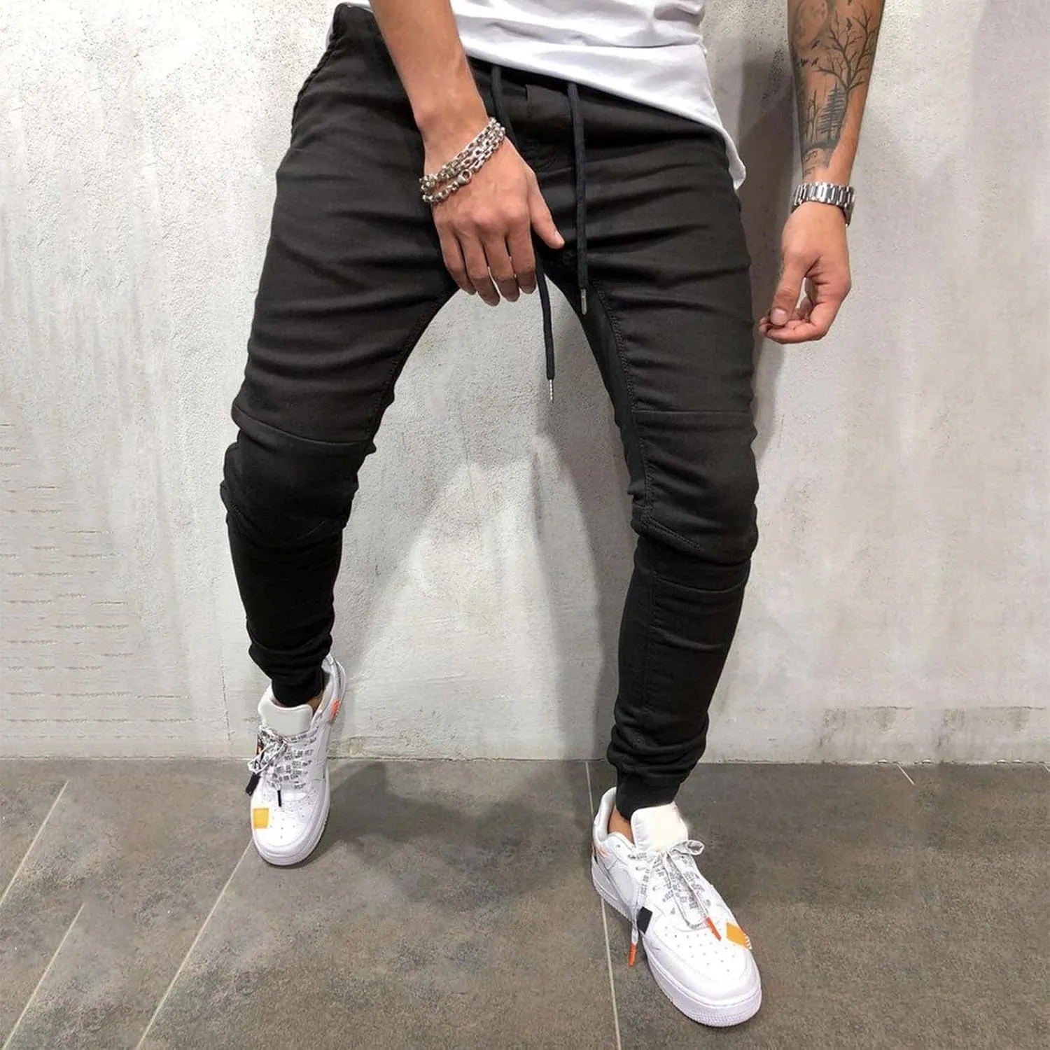 Jeans Fashion Trousers Pocket Drawstring Waist Solid Color Slim Toe Jeans Pants Straight Mid Rise Jeans Men's Pants
