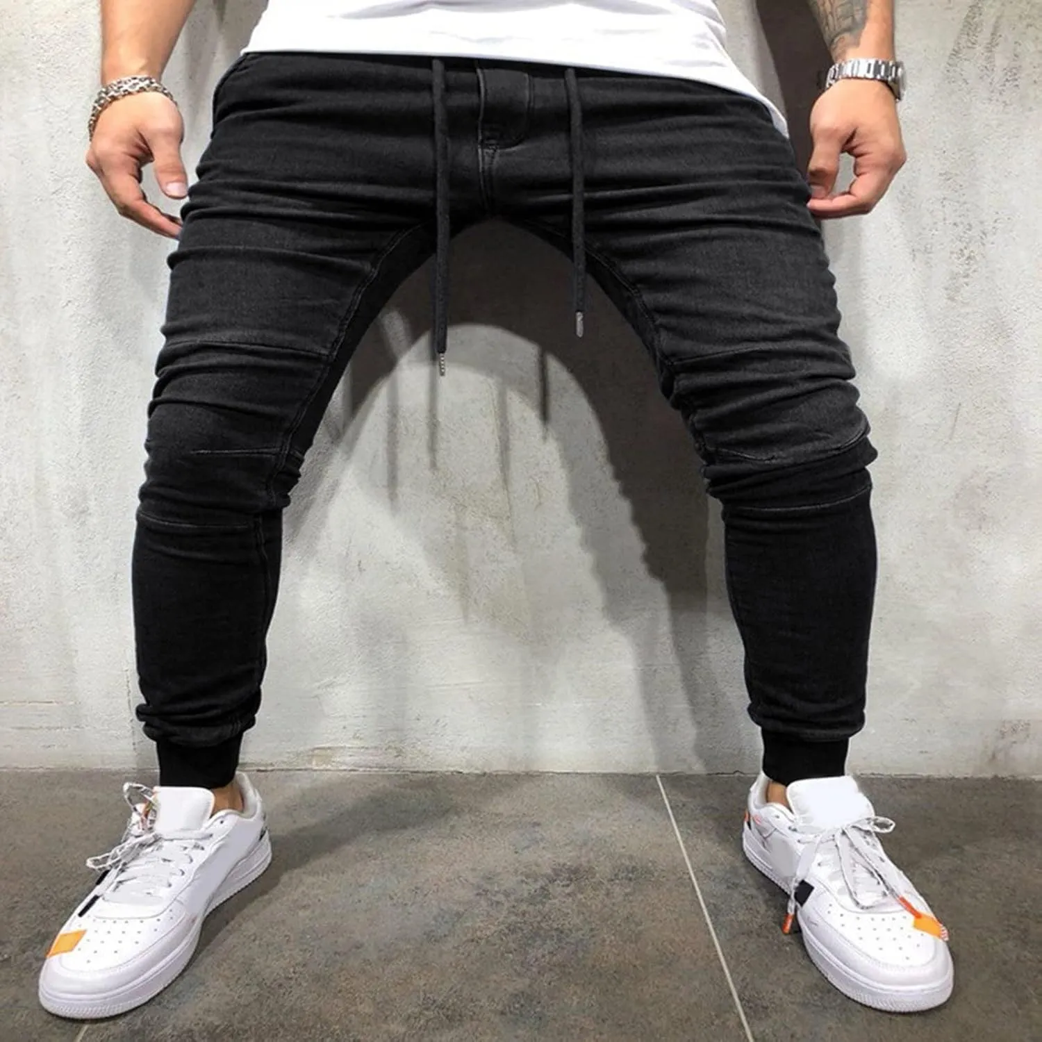 Jeans Fashion Trousers Pocket Drawstring Waist Solid Color Slim Toe Jeans Pants Straight Mid Rise Jeans Men's Pants