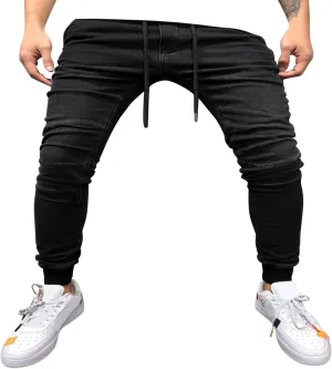 Jeans Fashion Trousers Pocket Drawstring Waist Solid Color Slim Toe Jeans Pants Straight Mid Rise Jeans Men's Pants