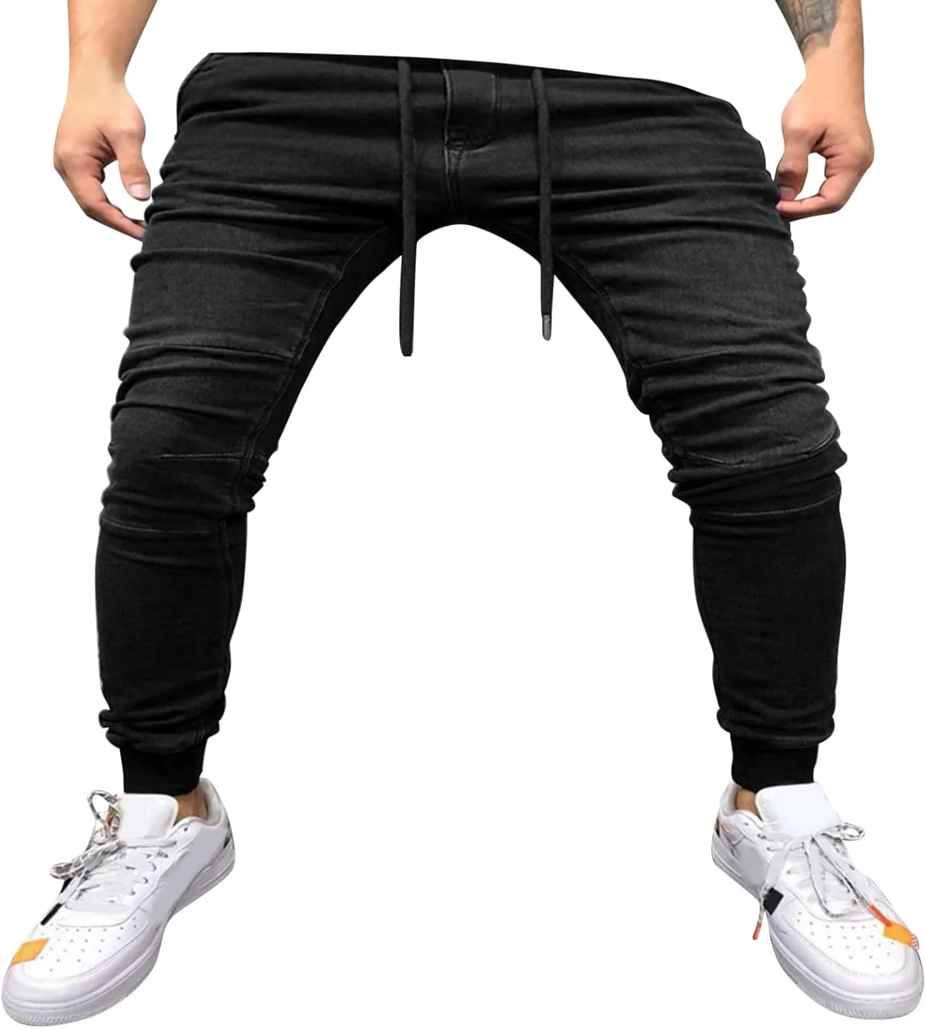 Jeans Fashion Trousers Pocket Drawstring Waist Solid Color Slim Toe Jeans Pants Straight Mid Rise Jeans Men's Pants