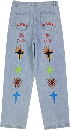 Jeans for Men Hop Jeans Vintage Straight Denim Pants Devil Printed Jean Trousers Taper Jean Straight Fit Jeans for
