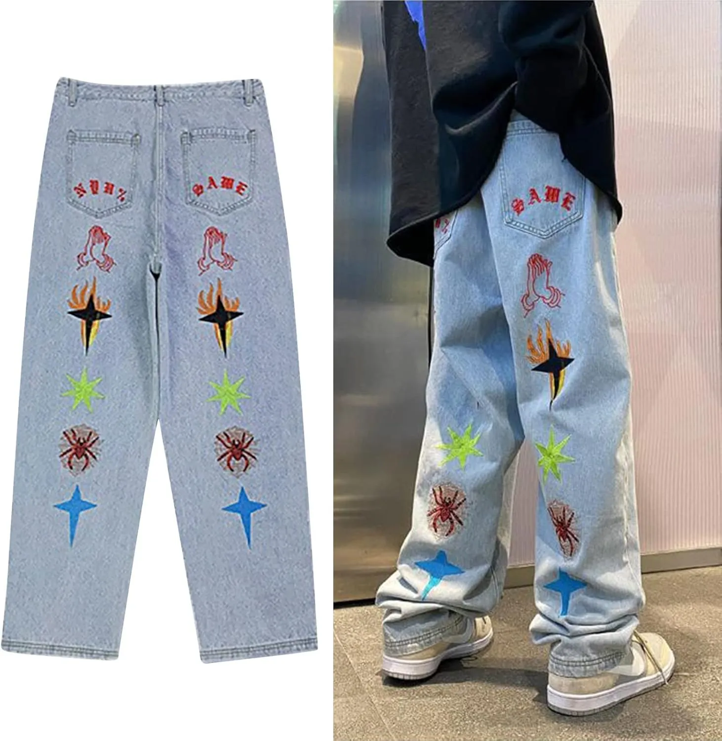 Jeans for Men Hop Jeans Vintage Straight Denim Pants Devil Printed Jean Trousers Taper Jean Straight Fit Jeans for