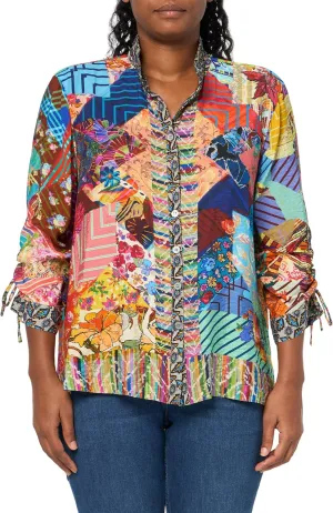 john mark Women's Wire Collar Button Front Blouse with Three Quarters Cinch Tie Sleeves