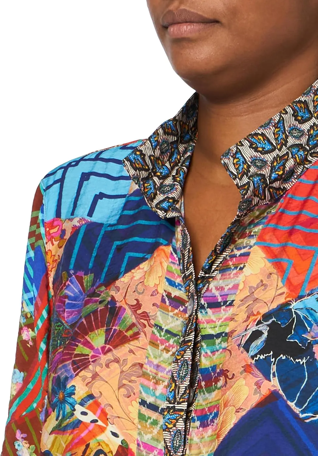 john mark Women's Wire Collar Button Front Blouse with Three Quarters Cinch Tie Sleeves