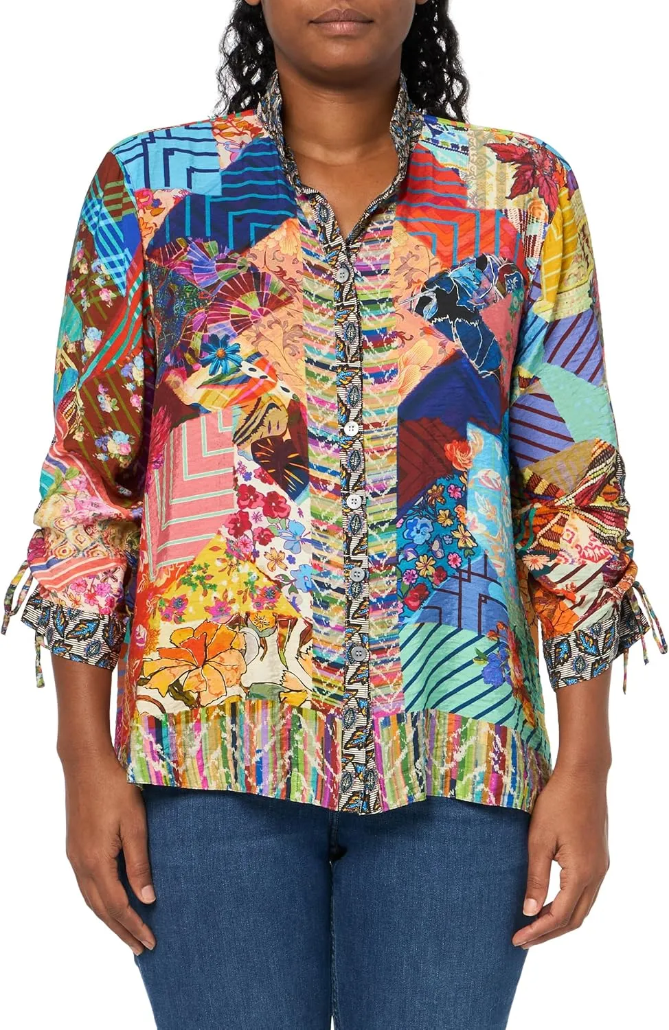 john mark Women's Wire Collar Button Front Blouse with Three Quarters Cinch Tie Sleeves