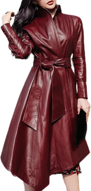 Kelsiop Spring Asymmetric Burgundy PU Leather Trench Coat Women Belt Elegant Autumn Outfit