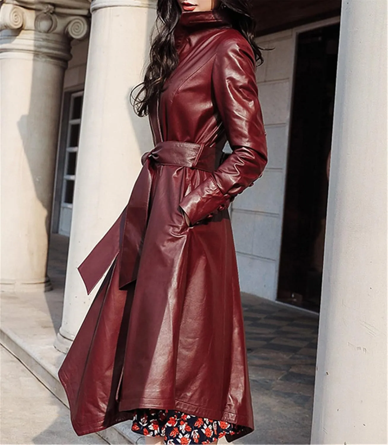 Kelsiop Spring Asymmetric Burgundy PU Leather Trench Coat Women Belt Elegant Autumn Outfit