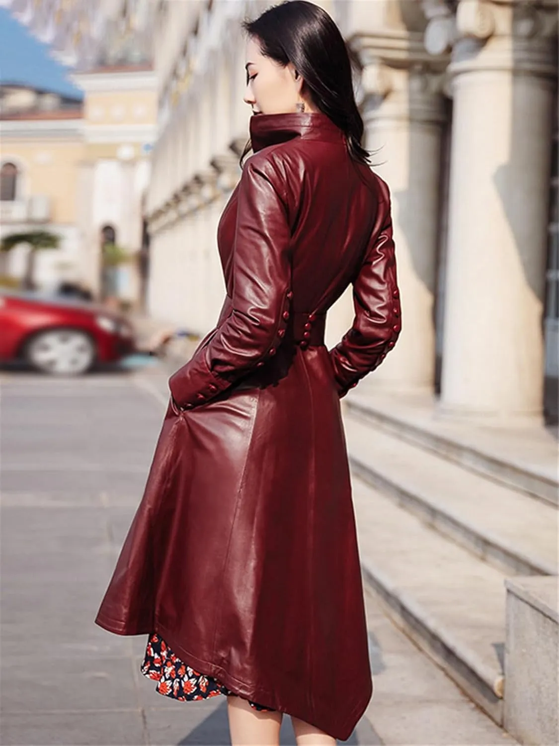 Kelsiop Spring Asymmetric Burgundy PU Leather Trench Coat Women Belt Elegant Autumn Outfit