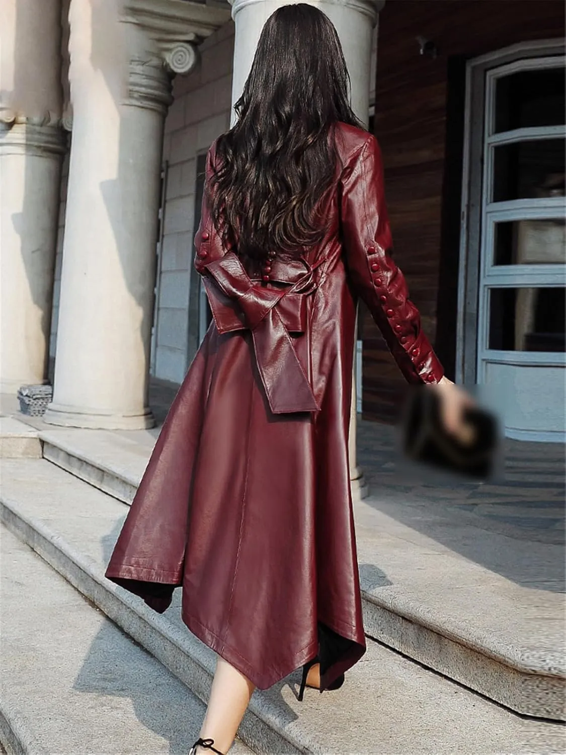 Kelsiop Spring Asymmetric Burgundy PU Leather Trench Coat Women Belt Elegant Autumn Outfit