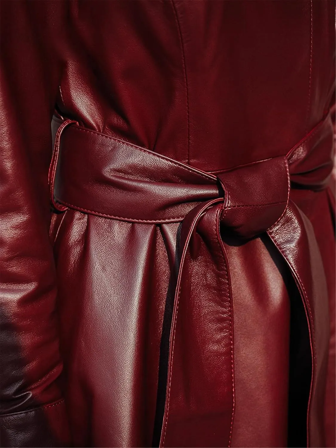 Kelsiop Spring Asymmetric Burgundy PU Leather Trench Coat Women Belt Elegant Autumn Outfit
