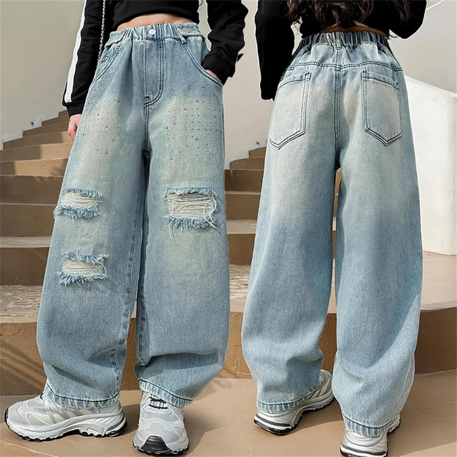 Kids Girls Denim Ripped Casual Baggy Jeans Children Wide Leg Girls High Waist Elastic Loose Fit Hip Hop Streetwear Pants
