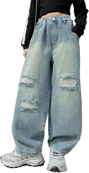 Kids Girls Denim Ripped Casual Baggy Jeans Children Wide Leg Girls High Waist Elastic Loose Fit Hip Hop Streetwear Pants