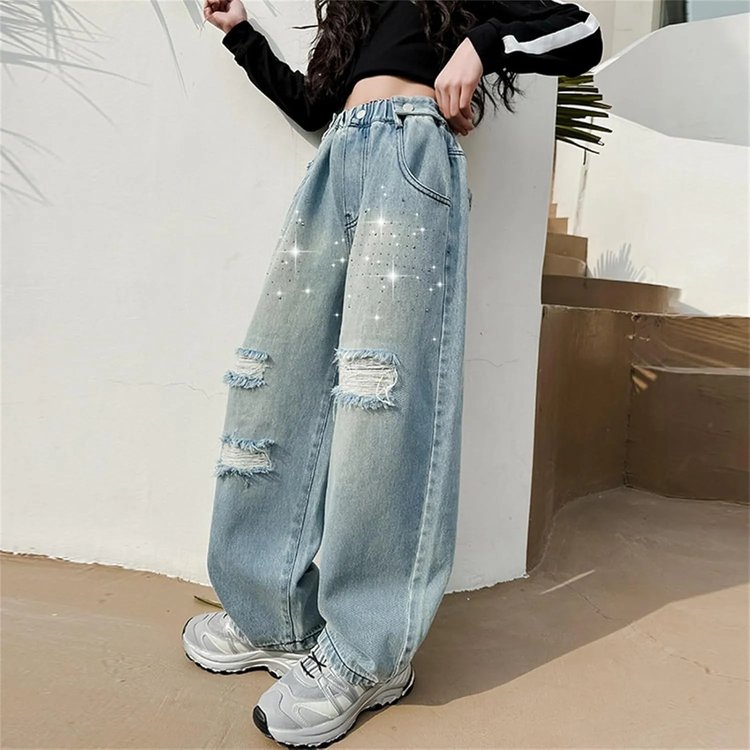 Kids Girls Denim Ripped Casual Baggy Jeans Children Wide Leg Girls High Waist Elastic Loose Fit Hip Hop Streetwear Pants