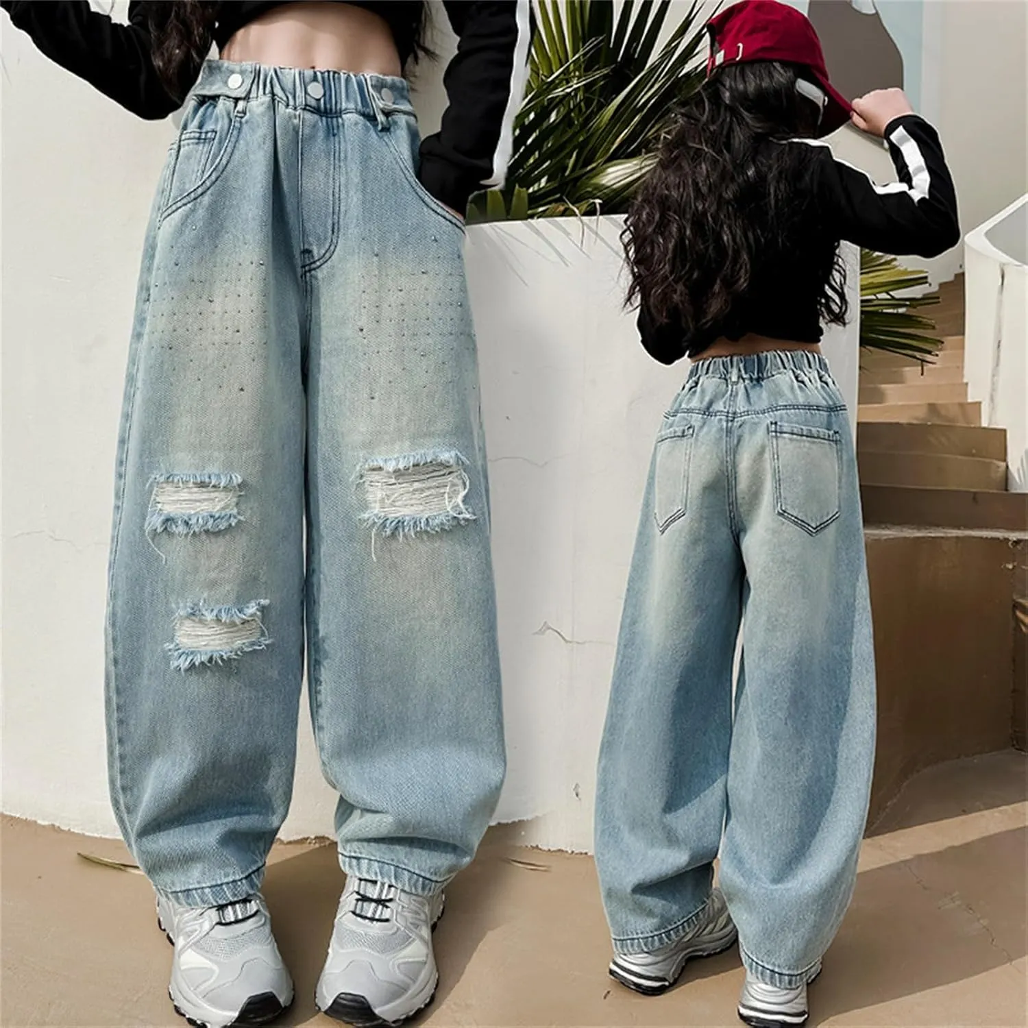 Kids Girls Denim Ripped Casual Baggy Jeans Children Wide Leg Girls High Waist Elastic Loose Fit Hip Hop Streetwear Pants
