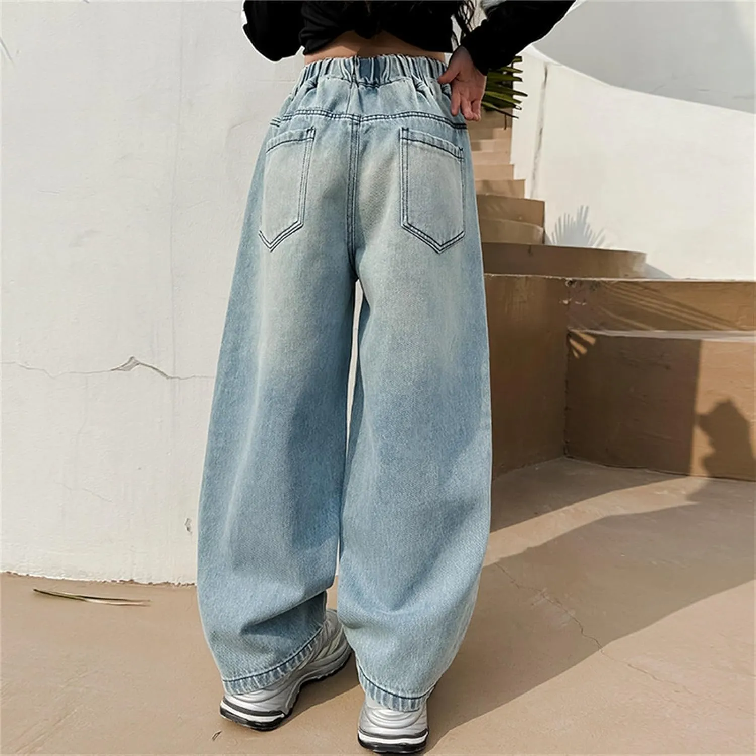 Kids Girls Denim Ripped Casual Baggy Jeans Children Wide Leg Girls High Waist Elastic Loose Fit Hip Hop Streetwear Pants