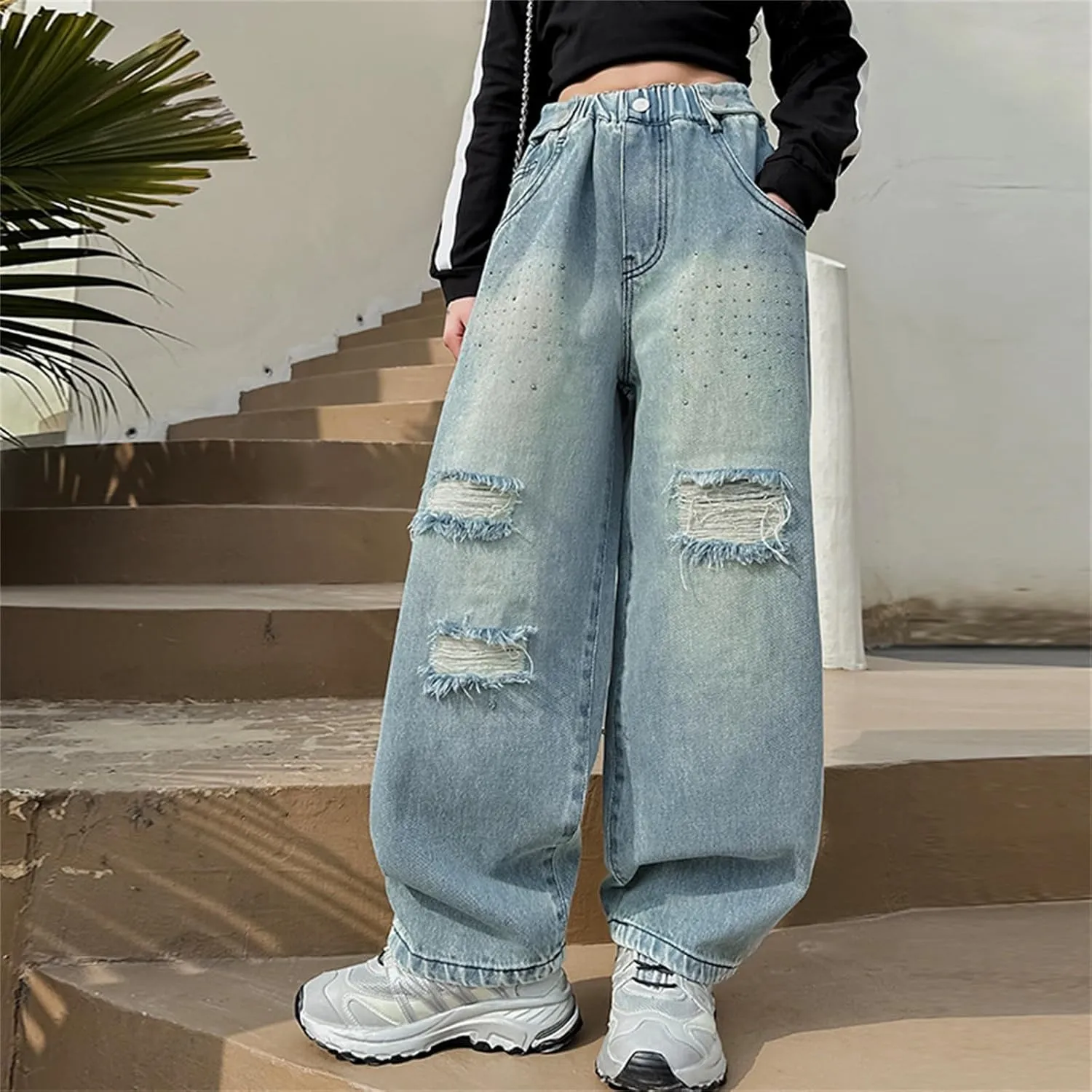 Kids Girls Denim Ripped Casual Baggy Jeans Children Wide Leg Girls High Waist Elastic Loose Fit Hip Hop Streetwear Pants