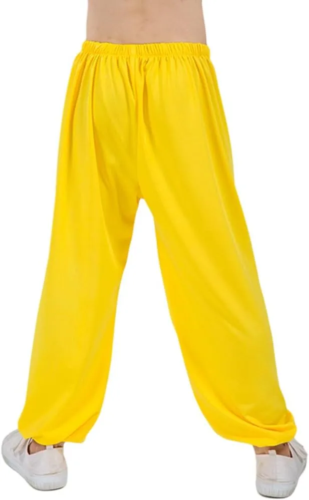 Kids Unisex Kung Fu Wide Pants Stretchy Elastic Waist Taichi Martial Arts Practice Trousers for Boys Girls