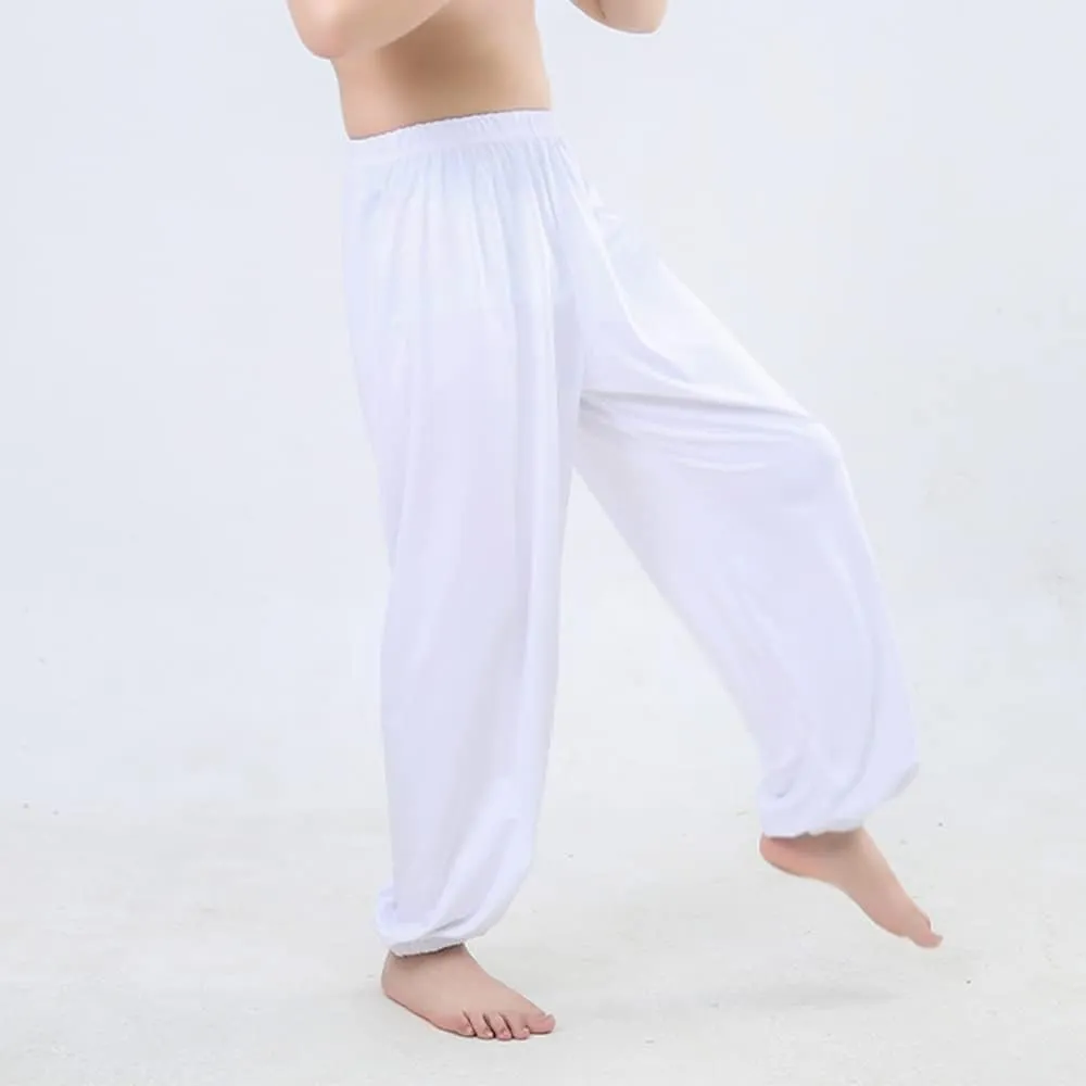 Kids Unisex Kung Fu Wide Pants Stretchy Elastic Waist Taichi Martial Arts Practice Trousers for Boys Girls