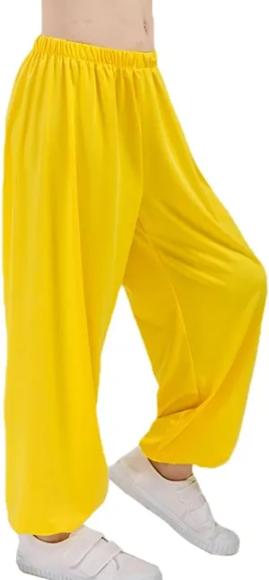 Kids Unisex Kung Fu Wide Pants Stretchy Elastic Waist Taichi Martial Arts Practice Trousers for Boys Girls