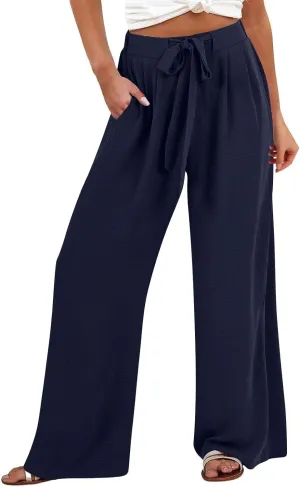 Linen Capri Pants Women Wide Leg Straight with Pocket Drawstrings Loose Casual Summer Vacation 2025