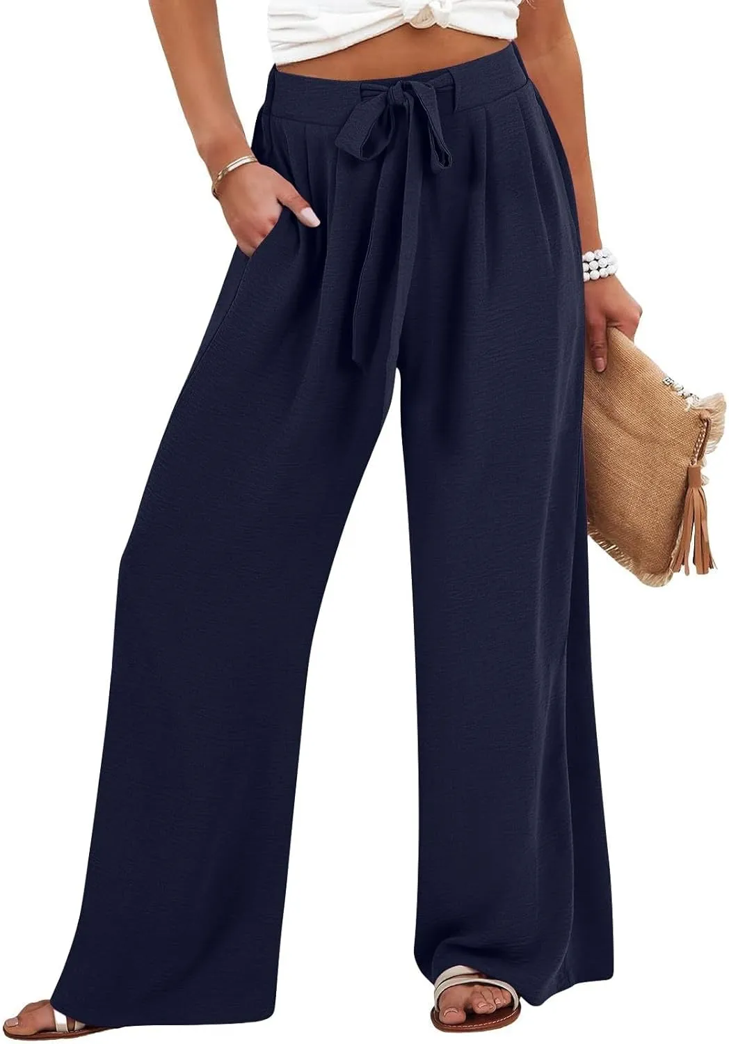 Linen Capri Pants Women Wide Leg Straight with Pocket Drawstrings Loose Casual Summer Vacation 2025